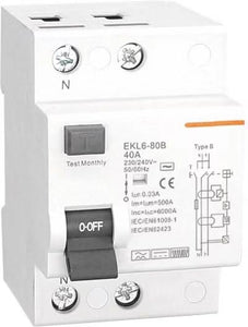 Type B RCD / RCCB 100A for EV Charge Point Installations. 2 pole, single phase, 30mA or 300mA, 100 Amp