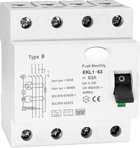 Type B RCD / RCCB 63A for EV Charge Point Installations. 4 pole, 3 phase, 30ma, 63 Amp