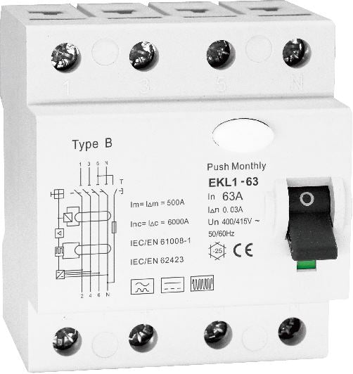 Type B RCD / RCCB 80amp for EV Charge Point Installations. 4 pole, 3 phase  or single phase, 30mA or 300mA trip.