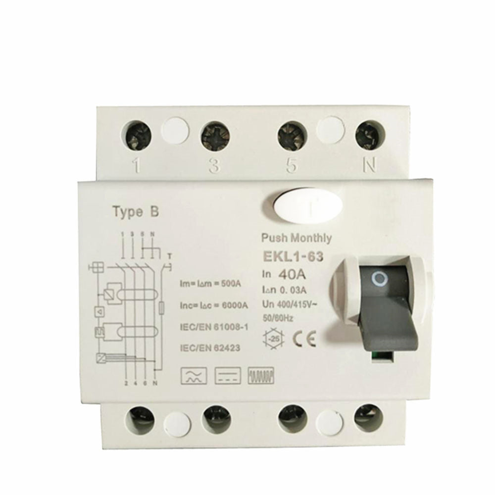 Type B RCD / RCCB 40A for EV Charge Point Installations. 4 pole, 3 phase, 30ma. 40 Amp