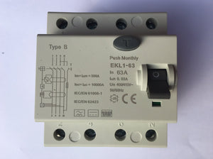 Type B RCD / RCCB 63A for EV Charge Point Installations. 4 pole, 3 phase, 30ma, 63 Amp